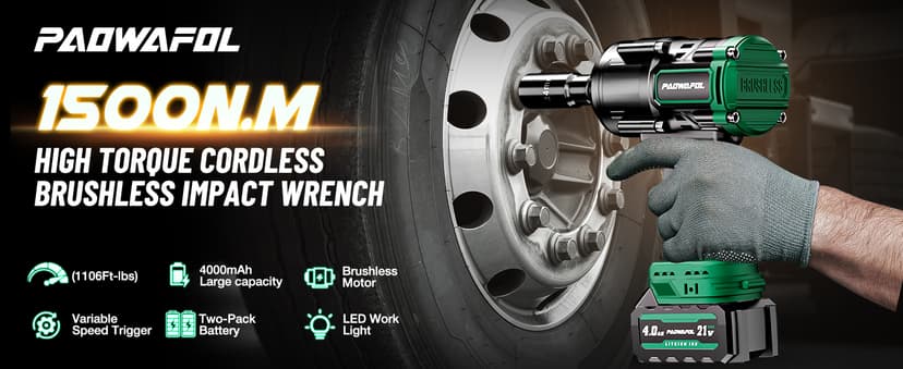 1500N.m(1106ft-lbs) Brushless Impact Wrench, High Torque 1/2" Impact Driver with 2* 21V 4.0AH Battery, Fast Charger, 5 Sockets & Storage Case, Cordless Impact Driver for Home Car Truck Tires