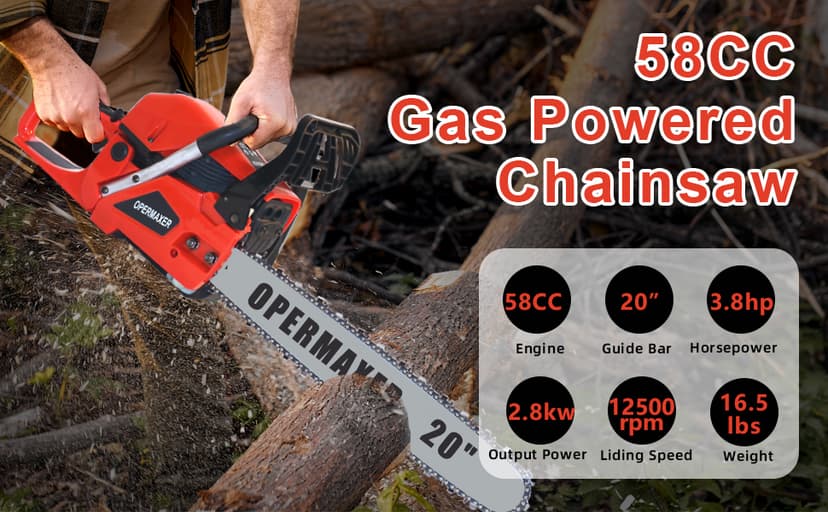 58CC 20 Inch 2-Cycle Gas Powered Chainsaw, 12500r/min 3.8 HP Chainsaw Gas Powered, Low Kickback, Anti-Vibration, Protective Design for Tree Wood Cutting(Red)