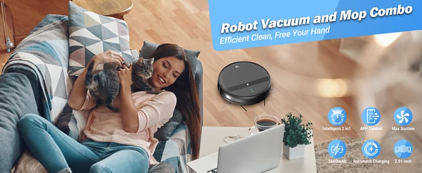 Robot Vacuum and Mop Combo, Tangle-Free Powerful Suction, Robotic Vacuum Cleaner - Alexa & App Scheduling, Long Runtime, Automatic Robot Vacuum Cleaners for Home