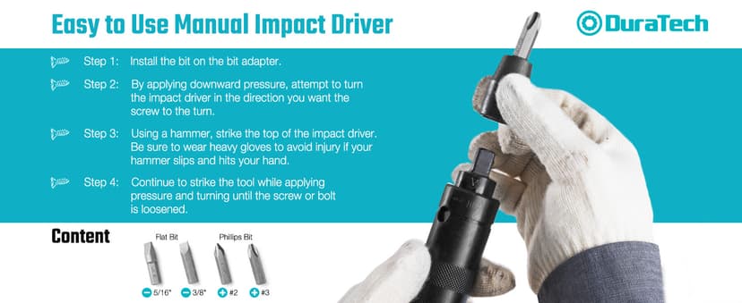 DURATECH 3/8 Inch Drive Manual Impact Driver, Reversible Hand Screwdriver Set, with S2 Steel Bits, 5-Piece, for Tighten/Rusted Fasteners, Organized in Storage Case