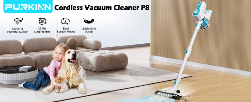 PURKINN Cordless Vacuum Cleaner 18KPa Powerful Stick Vacuum Rechargeable with 2 Modes, 2200mAh Battery, 35Min Runtime, Small Handheld Vacuum Cleaner for Home, Hardwood Floor, Pet Hair, Car, P8
