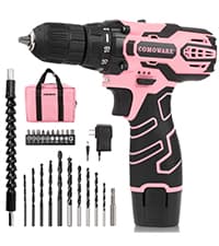COMOWARE Cordless Drill Set, 20V Pink Power Drill Set for Women, 1 Battery & Charger, 3/8" Keyless Chuck, 2 Variable Speed, 266 In-lb Torque, 25+1 Position, with Pink Storage Bag