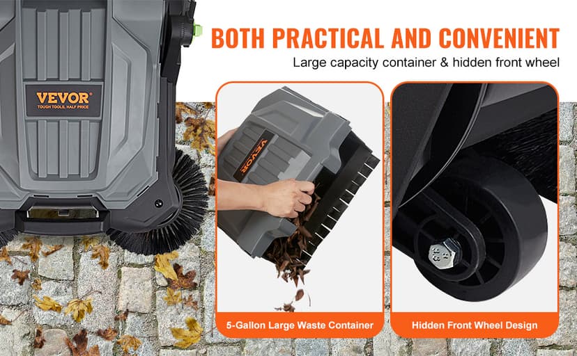 VEVOR Walk-Behind Hand Push Floor Sweeper, 25.6" Sweeping Width Floor Sweeper Manual Non-Electric, 5-Gallon Waste Container, Angle & Height Adjustable Folding Handle for Walkway, Yard, Garage, Patio