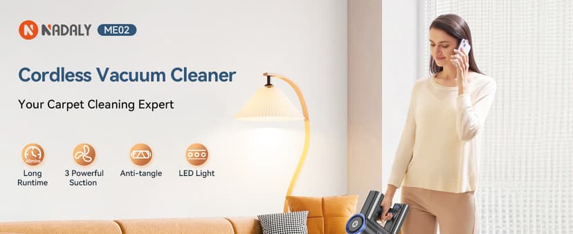 NADALY Cordless Vacuum Cleaner, Stick Vacuum with 3 Powerful Suction Modes, Max 45 Mins Runtime, Anti-Tangle Vacuum Cleaner for Home, 8-in-1 Rechargeable Vacuum for Carpet, Pet Hair, Hard Floors