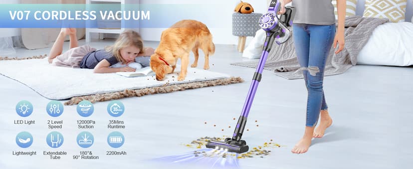 Cordless Vacuum Cleaner for Home with Powerful Suction,Lightweight Stick Vacuum Cordless Rechargeable with 35 Mins Runtime, Hardwood Floor Vacuum for Pet Hair,Carpet,Tile(Purple)