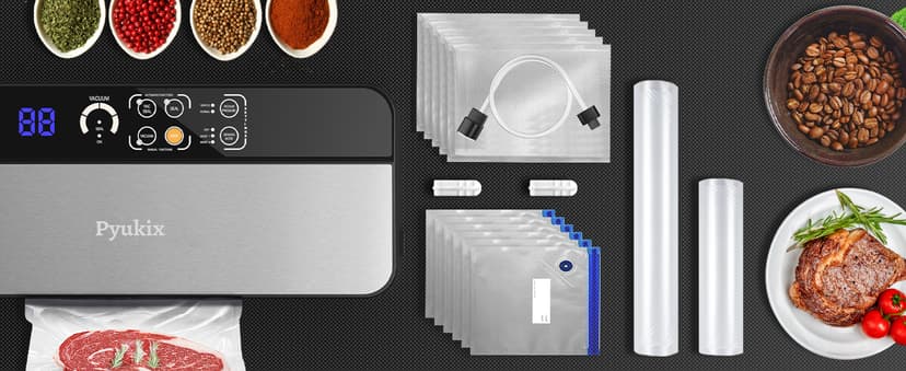 Vacuum Sealer Machine, Food Sealer Machine 80KPA Automatic 8-IN-1 for Food Saving Dry/Moist Mode with Build-in Cutter&Storage, Digital Countdown, Air Suction Hose, 2 Roll-Bags, 11 Vacuum Bags