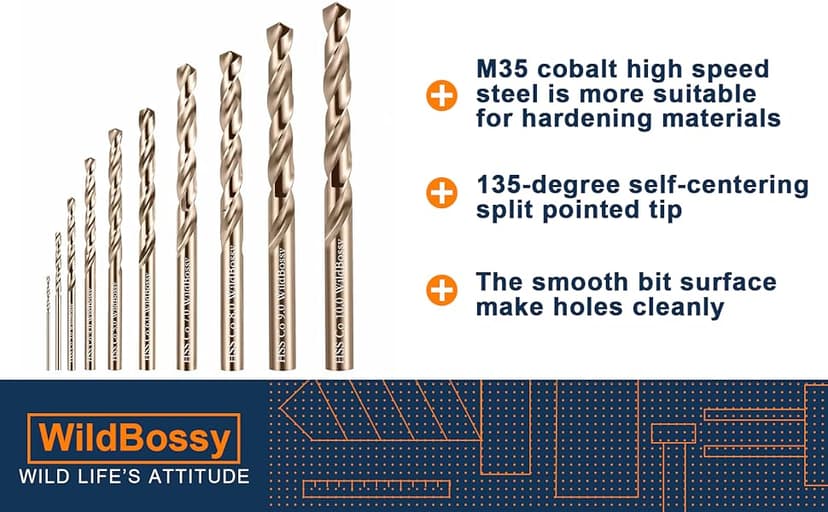 M35 Cobalt Drill Bit Set 20PCS(1/16"-1/2") High Speed Steel Jobber Length Drill Bit Kit for Hardened Metal with Index Storage Case