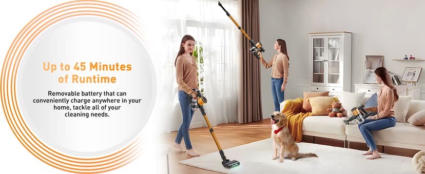 Cordless Vacuum Cleaner, 40Kpa 8 in 1 Powerful Suction Lightweight Stick Vacuum Cleaner for Home, LED Display, 3 Suction Modes, 45Mins Detachable Battery Vacuum for Hard Floor Carpet Pet Hairs