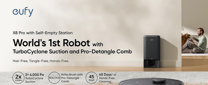 eufy X8 Pro Robot Vacuum Self-Empty Station, Twin-Turbine 2X 4,000 Pa Suction, 45 Days Hands-Free Cleaning iPath Laser, Pet Hair Deep Clean on Carpet, Smart Cleaner for Home with Pets