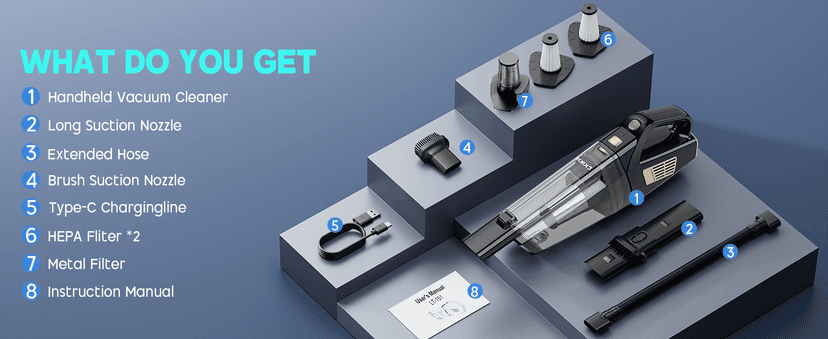 Handheld Vacuum Cordless, 15000PA Strong Suction Hand Held Car Vacuum Cleaner Portable with Multi-Nozzles & Washable Filter, Lightweight Dust Busters Rechargeable for Home, Car, Office, Pets