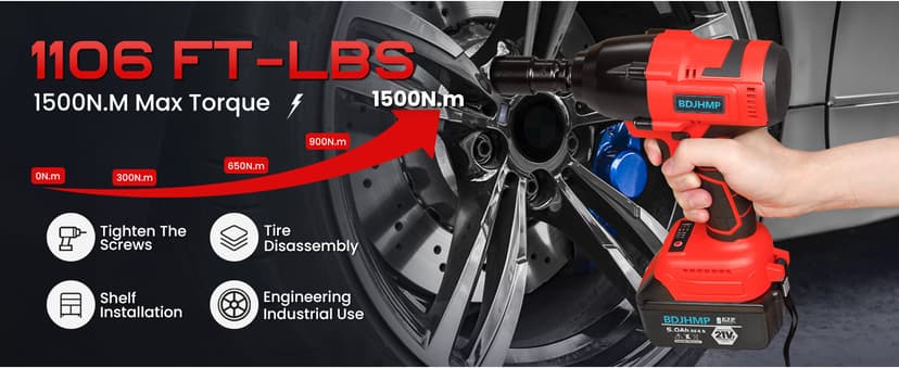 Cordless Impact Wrench, 1106 FT-lbs 1500Nm Brushless Impact Gun 1/2", 18V 2 * 5.0 Ah Multifunction Power Impact Driver for Home Car Truck Mower