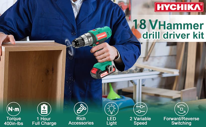 Cordless Hammer Drill Driver 18V, HYCHIKA 400 In-lbs Torque Power Drill with Auxiliary Handle, 1/2” Metal Chuck, 2.0Ah Battery, 1H Fast Charger, 21+3 Clutch, LED Light for Drilling Wood Metal Wall