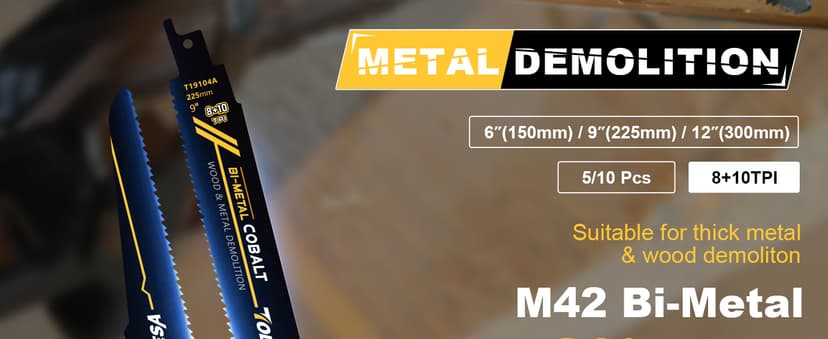 TOLESA Heavy Metal Cutting Reciprocating Saw Blades 9 Inch 14TPI for Pipe, Rebar, Bi-Metal Sabre Saw Blades 5 Pack