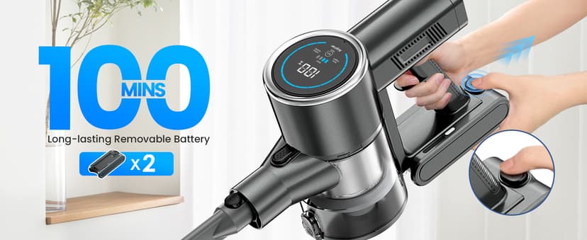 Cordless Vacuum Cleaner, 350W 35KPA 100Mins Runtime Powerful Stick Vacuum for home with Self-Standing, Touch Screen, Rechargeable Handheld Vacuum for Home/Pet Hair/Carpets/Hard Floors(2 Batteries)