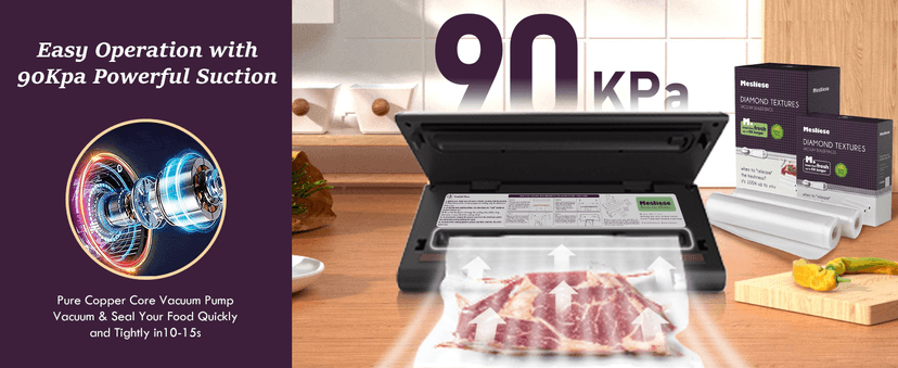 Vacuum Sealer Machine Powerful 90Kpa Precision 6-in-1 Compact Vacuum Food Preservation System Built-in Cutter, 2 Bag Rolls & 5 Pre-cut Bags, Dry&Moist Modes Smart Suction, ETL Listed (Copper)
