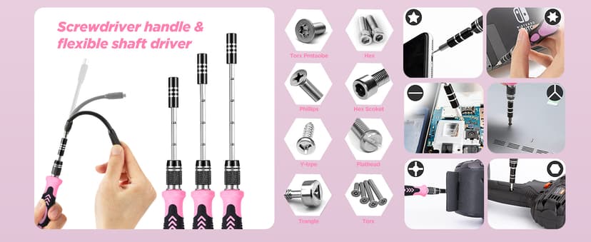 Pink Cordless Drill Set 142 Pcs, 21V Pink Power Drill Tool Set Kit with Storage Bag, Electric Drill Set for Women, Precision Screwdriver set, Magnetic Wristband, for Home DIY Projects