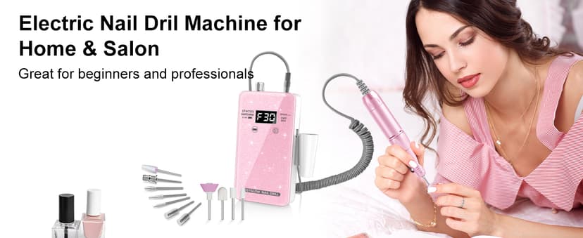 Professional Electric Nail Drill File:COSYGLOW Glitter Portable Cordless E-File Nail Drill Kit with 11 Drill Bits,30000 RPM Rechargeable Nail Drills Machine for Acrylic Nails Gel Polishing (Pink)