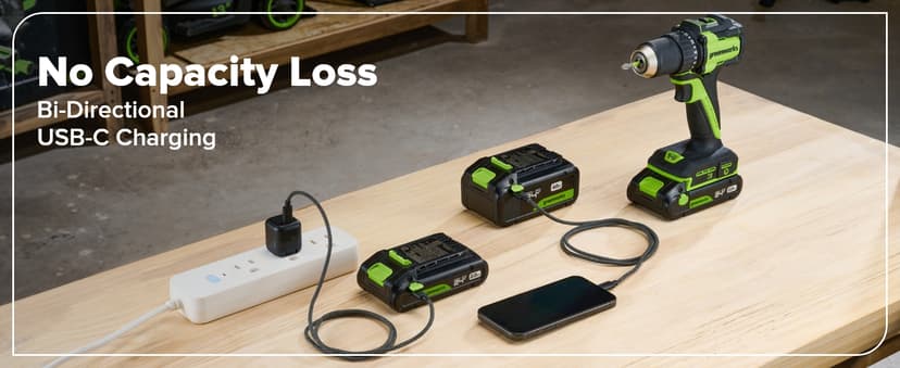 Greenworks 24V Cordless Brushless 400 in-lbs Drill/Driver, Lightweight, LED Work Light,18+1 Clutch, 2.0Ah USB-C Battery (12,000mAh Power Bank),30W USB-C Charger and USB C to USB C Cable(3.3FT)
