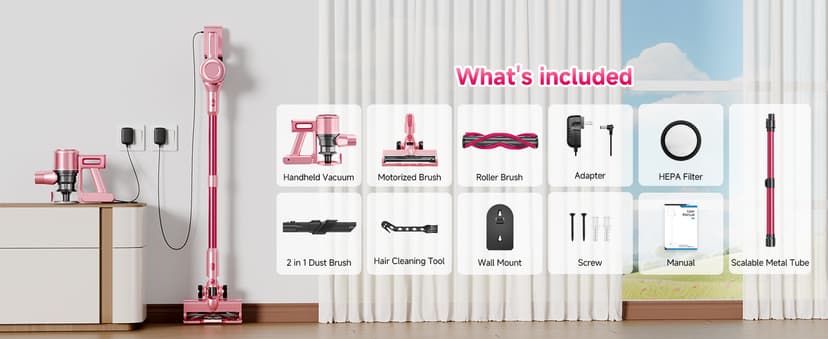Cordless Vacuum Cleaner,55Mins/Powerful Vacuum Cleaners for Home,Stick Vacuums with 8 in 1,Touch Screen,LED Headlights, Anti-Tangle,Rechargeable,Lightweight for Carpet,Hard Floor, Pet Hair,Pink