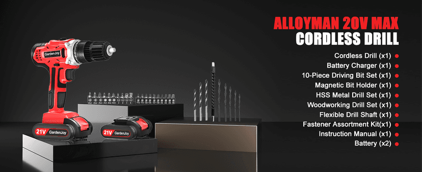 GardenJoy 20v Cordless Drill Set, Power Electric Kit Battery With Charger 30Nm 2-Speed 3/8" Keyless Chuck 24+1 Torque Drill Driver screwdriver Bits with LED Electric Work Light for Women DIY