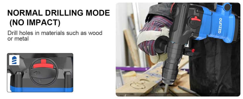 AZZUNO 1-1/4" SDS-Plus 15Amp Heavy Duty Rotary Hammer Drill, 4 Functions, for Drilling in Concrete, Brick and Stone, Includes Chisel and Drill Bits