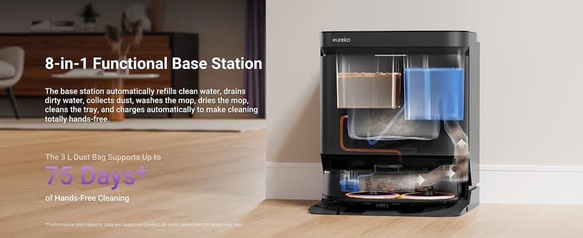 Eureka J15 Pro Ultra Robot Vacuum and Mop with Self Emptying Base, 16,200 Pa Suction, Flex-Arm Design Mop, Auto Mop Hot Water Washing & Hot Air Drying, Anti-Tangle, AI Obstacle Avoidance, Black