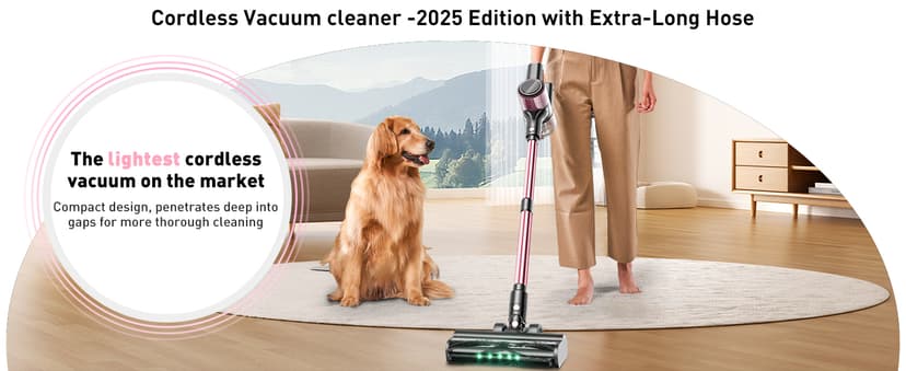 Cordless Vacuum Cleaner, 10-in-1 Vacuum Cleaners for Home with 28.75 in Hose, LED Display, Anti-Tangle Brush, Lightweight Stick Vacuums for Carpet, Pet Hair, Hardwood Floors, Dryer (Pink)