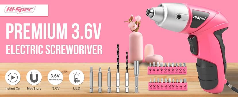 Hi-Spec Electric Screwdriver 27pc 3.6V Pink USB Small Power Screwdriver Set. Cordless & Rechargeable with Driver Bit Set
