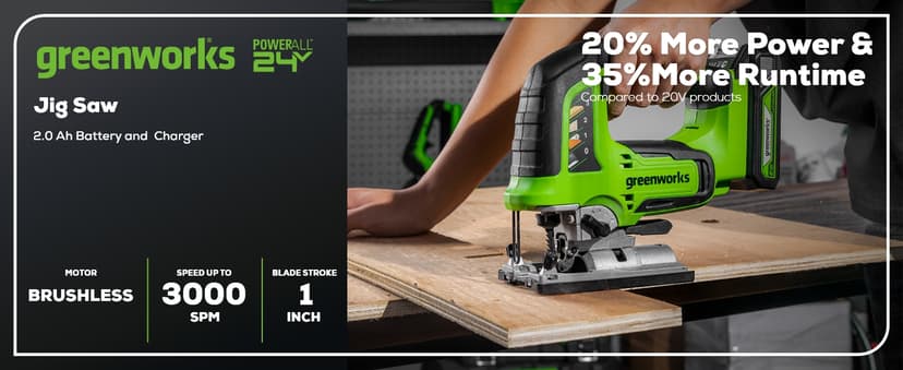 Greenworks 24V Brushless Cordless Jig Saw,3000 SPM,1 Inch Stroke Length Jigsaw with 6PCS Blades,4 Orbital Settings,45 Degree Cutting Angle,Tool-Free Blade Changing