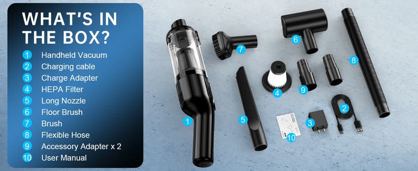 Handheld Vacuum Cordless, Car Vacuum with 16000Pa Powerful Suction, Lightweight at 1.3 lbs, Type-C Charge, Multiple Accessories, Rechargeable Vacuum Cleaners for Home Office Car Pet