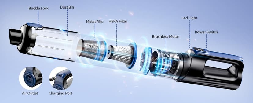 Car Vacuum Portable Cordless, 18000Pa 2 in 1 Cleaner&Air Duster, 130W Brushless Motor Handheld Vacuum Cordless with 7800mAh Battery, LED Light, Multi-Nozzles for Car, Home, Office, Pet