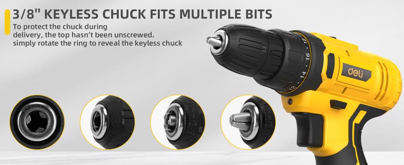 DELI 12V Cordless Drill Set, 2.0Ah Battery with Charger, 3/8'' Keyless Chuck, 18+1 Torque Settings, Electric Mini Drill for Home Improvement