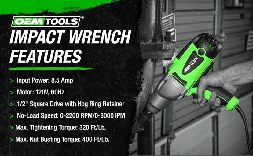 OEMTOOLS 24666 1/2” Drive Heavy Duty Impact Wrench, Corded 120v Impact Driver for Lug Nuts, Home Repairs, Automotive Maintenance, 8.5 Amp Electric Wrench, 400 Ft/Lb Maximum Torque