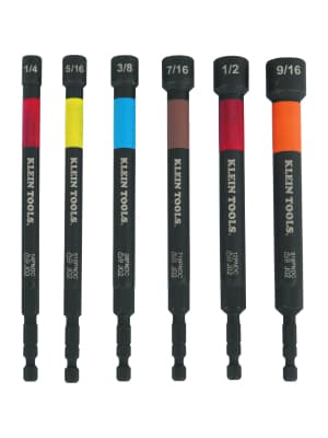 Klein Tools 32930 SAE Magnetic Impact Nut Setter Set, 6-Piece Color Coded Power Nut Driver with Extended Reach, 6 SAE Sizes