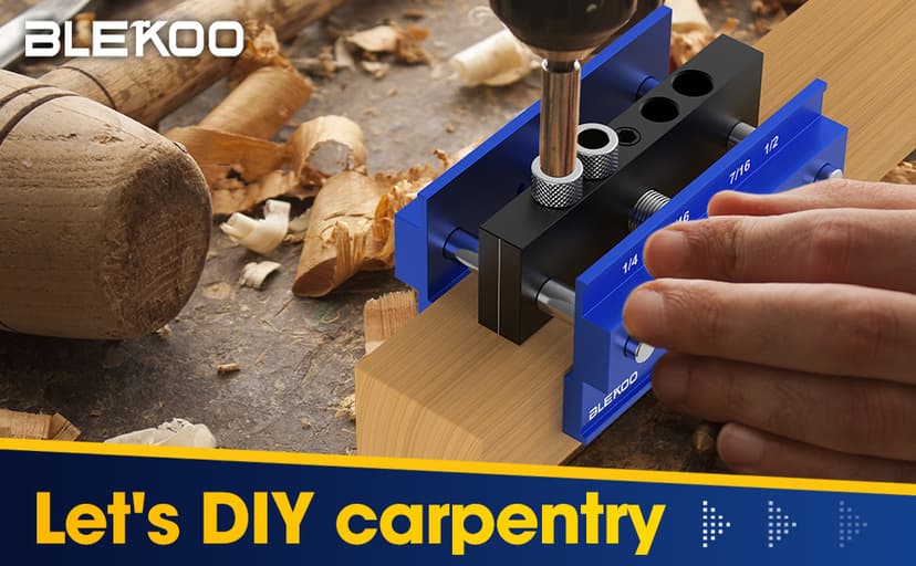 Self Centering Doweling Jig Kit, Drill Jig For Straight Holes Biscuit Joiner Set With 6 Drill Guide Bushings, Adjustable Width Drilling Guide Power Tool Accessory Jigs (Blue)