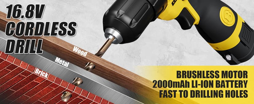 BOSI TOOLS Brushless Cordless Drill Set 16.8V Power Drill Driver Kit with 2 2000mAh Batteries and Charger 3/8-Inch Keyless Chuck 2 Speed 20+1 Position Torque Setting 27pcs Drill Screwdriver Bits