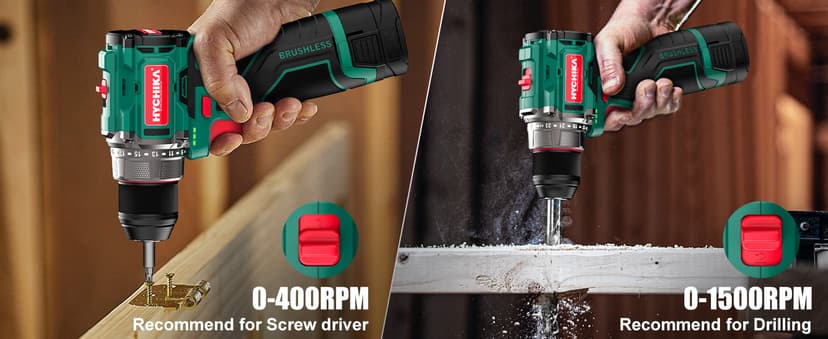 HYCHIKA Drill Set, True Brushless Power Drill Driver 16.8V Cordless Compact Drill Woman Man,410 IN-LB, LED Light,2 Variable Speed 23+1 Torque 3/8" Keyless Chuck, 1 Lithium-Ion Battery