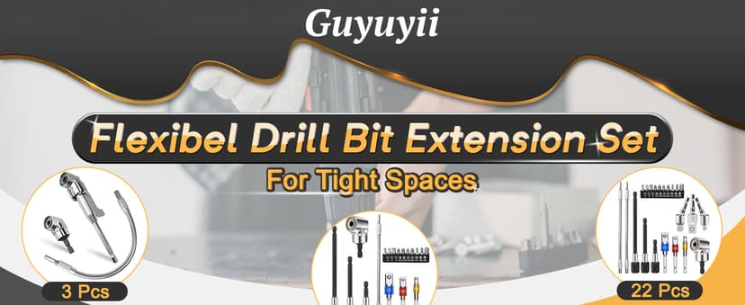 Guyuyii Flexible Drill Bit Extension and 2 Right Angle Drill Attachment Set – For DIY, Technicians and Homeowners, Ideal for Appliance Repair, Furniture and Plumbing, Compatible with Cordless Drills