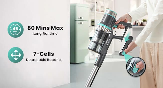 Belife BVC11 Cordless Vacuum Cleaner, 2 Detachable Battery, Max 80mins Runtime, 25Kpa 380W Brushless Stick Vacuum, Lightweight Vacuum for Home Hardwood Floor Carpet Pet Hair, LED Touch Display