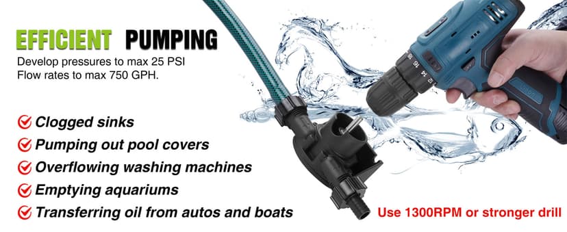 Self-Priming Mini Hand Water Transfer Drill Pump Kit with Water Hose & Oil Hose for Home Water Oil Fluid Transfer