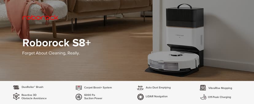 roborock S8+ Robot Vacuum, Sonic Mop with Self-Empty Dock, Stores up to 60-Days of Dust, Auto Lifting Mop, Ultrasonic Carpet Detection, 6000Pa Suction, White