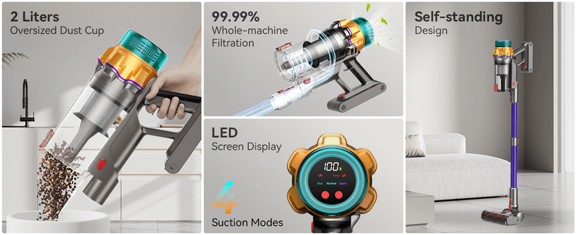 Cordless Vacuum Cleaner, 48KPA 550W 65Mins Self-Standing Vacuum Cleaners for Home, Cordless Stick Vacuum with Oversized Dust Cup, Rechargeable Vacuum for Hardwood Floor, Carpet, Pet Hair