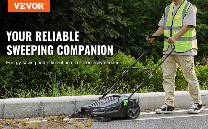 VEVOR Walk-Behind Hand Push Floor Sweeper, 25.6" Sweeping Width Floor Sweeper Manual Non-Electric, 5-Gallon Waste Container, Angle & Height Adjustable Folding Handle for Walkway, Yard, Garage, Patio