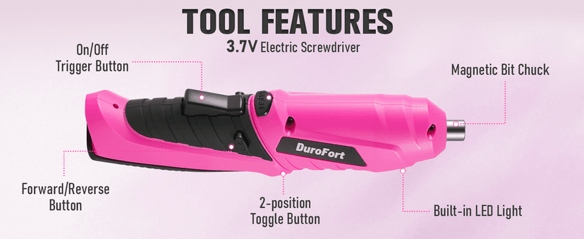 Pink Cordless Electric Screwdriver Set, 3.7V Rechargeable Small Electric Drill with 25pcs Driver Bit Set, Power 3Nm Screw Gun with 2 Position Handle, Flexible Shaft LED Light for Women