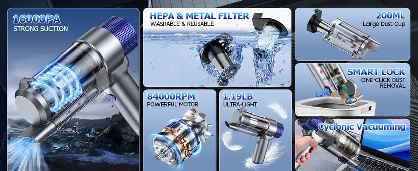 JONYJ Handheld Car Vacuum Cleaner Cordless, 16000PA Hand Held Vacuum Portable, 2 in 1 Air Duster and Mini Vacuum Cleaner Rechargeable with Led, Multi-Nozzles & Washable Filters for Home Office Car Pet