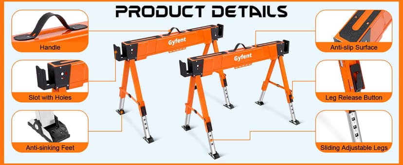 Saw Horses 2 Pack, 4400Lbs Load Capacity Saw Horse Folding Heavy Duty Sawhorses 21-34in Adjustable Height Professional Saw Horse with 2x4 Bracket for Woodworking Carpenters Contractors, Orange