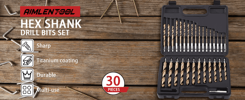 30 PCS Titanium Impact Drill Bit Set, Hex Shank Drill Bit Set for Wood, Steel, Metal, and Plastic with Quick Change Design, HSS Titanium Twist Drill Bit with Storage Case, 5/64" to 1/2"