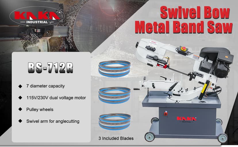 KAKA INDUSTRIAL Metal Band Saw | w/ 3 Blades Included | Horizontal Bandsaw,7 inch Round and 7 inch x 8.25 inch Rect Cut, 45-90° Swivel 1.5HP 115V/230V BS-712R