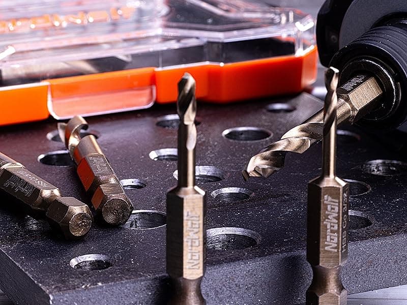 NordWolf 5-Piece M35 Cobalt Stubby Drill Bit Set for Stainless Steel & Hard Metals, with 1/4" Hex Shank for Quick Chucks & Impact Drivers, SAE Sizes 3/32"-1/8"-3/16"-1/4"-5/16" in Storage Case