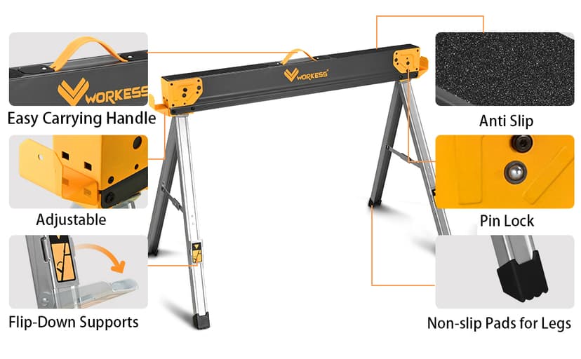 Saw Horses 2 Pack Folding, Heavy Duty Sawhorse Table 2600 Lbs Load Capacity with 2x4 Support Legs, Portable Folding and Fast Open Legs and Easy Grip Handle for Woodworking.